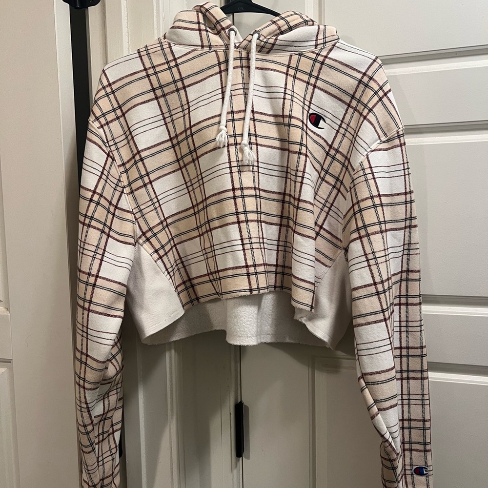 Champion Women's Cropped Plaid Hoodie - Cream and Brown
